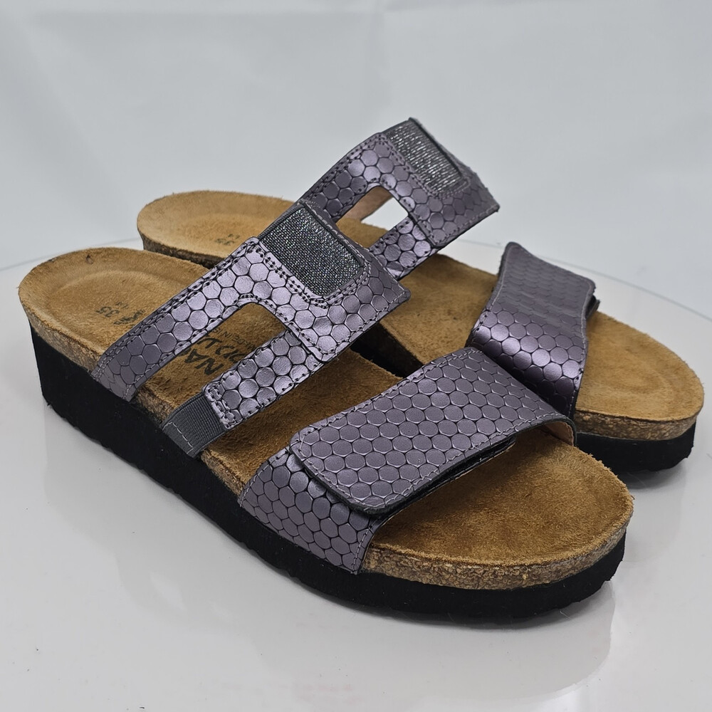 Naot Nancy Women 4/35 Metallic Blue Leather Open Toe Slides Wedge Heels Sandals